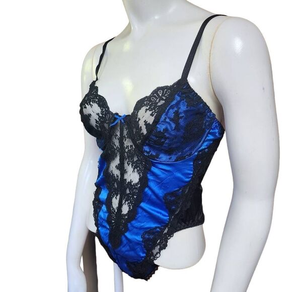 Vintage Colesce Collection Blue & Black Satin & Lace Teddy (M) - Picture 1 of 5